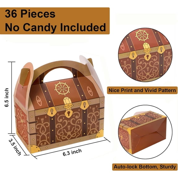IYFFDFE-36 Pack Pirate Treasure Chest, Gable Treat Boxes, Goodies Boxes Party Favor Boxes with Handles, Paper Gift Boxes Candy Decoration Box for Birthday Party Halloween, 6.3" x 3.5" x 3.5" Inch