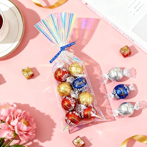 IYFFDFE-3x12 Inch Iridescent Cellophane Bags, with Twist Ties, Treat Bags for Candy Cookie Goodie Chocolates, And Popcorn