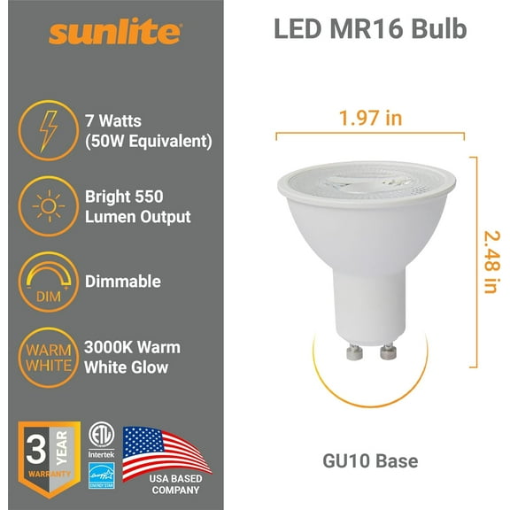 IYFFDFE-41653 LED MR16 Reflector Spotlight Bulb, 7 Watts (50W Halogen Bulb Replacement) 120 Volt, 550 Lumen, 35 Flood Beam, GU10 Base, Dimmable, ETL Listed, 3000K Warm White, 6 Count