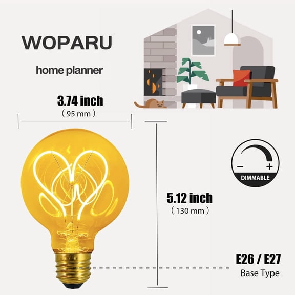 IYFFDFE-4W G95 Decorative Globe Large LED Edison LED Light Bulb,E26 / E27 Base Dimmable Oversized Round,2300K 40W Equivalent Warm White 200LM Vintage Pendant Bulb Decorations, Amber Gold Glass - Hear