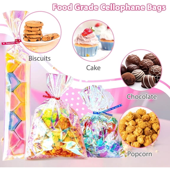 IYFFDFE-4x6, 5x7, 3x12 Inch Iridescent Cellophane Bags, with Twist Ties, Treat Bags for Candy Cookie Goodie Chocolates, And Popcorn