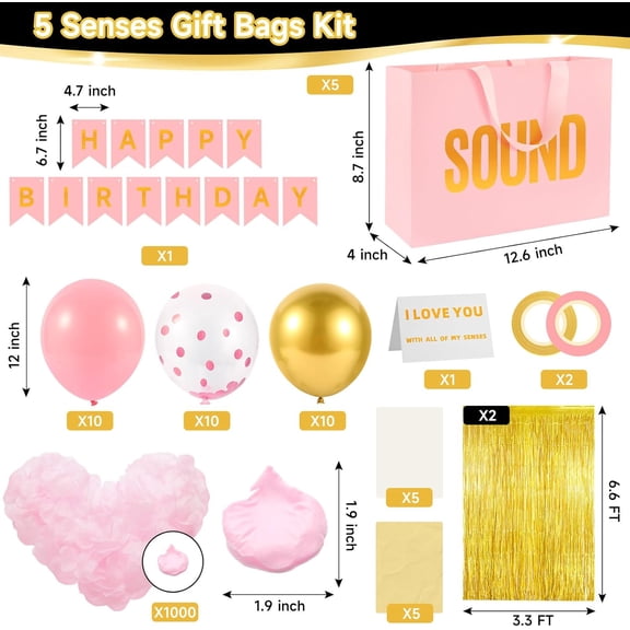 IYFFDFE-5 Senses Gift Bags For Him or Her With Labels Tissue Paper and Handles, Comes With Birthday Decoration,Streamers, Rose Petals, Happy Birthday Banner, Balloons(5 Senses Gift Bag - Pink Medium)