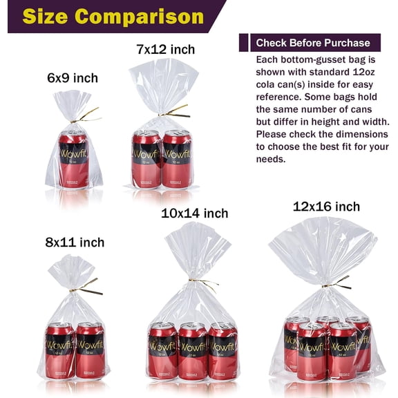 IYFFDFE-50 CT 8x11 inches Clear Bottom Gusset Cellophane Treat Bags with 6" Gold Twist Ties, Cello Packaging for Mugs, Dessert, Muffins, Party Favors and Gift Wrapping