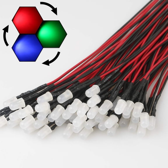 IYFFDFE-50pcs 12 Volt 3mm RGB Slow Flasing LED Lights Emitting Diodes, Multicolor (Colors Changed Automatically) Pre Wired 7.9 Inch DC 12v LED Light Diffused Colored Lens Small LED Lamps