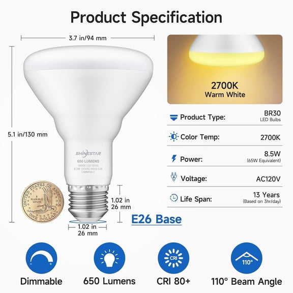 IYFFDFE-6-Pack Flood Light Bulb Indoor, 65W Equivalent Dimmable BR30 Led Recessed Lights Bulb, 2700K Soft Warm White, E26 Standard Base for Kitchen Ceiling, Recessed Can,650 Lumens, 8.5W