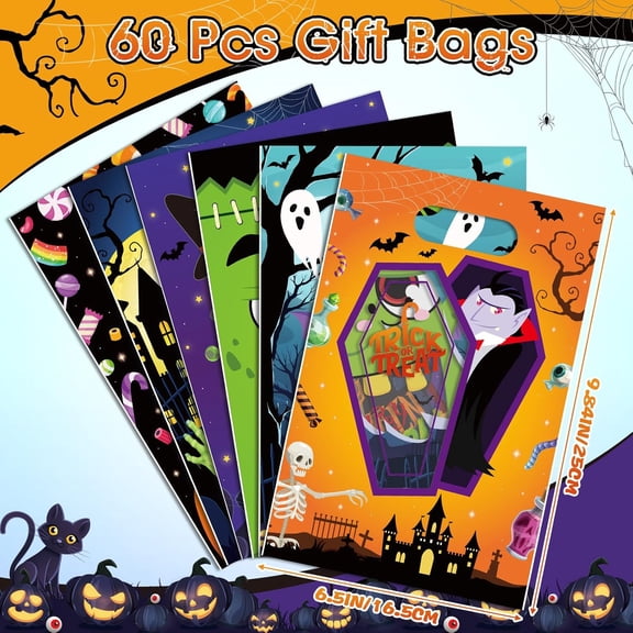 IYFFDFE-60 Pcs Halloween Candy Bags Plastic Gift Bags with Handles Pumpkin Ghost Witch Elf Goodie Handbags for Halloween Trick or Treat Birthday Classroom Gifts Supplies