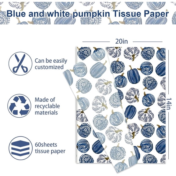 IYFFDFE-60 Sheets Fall Pumpkin Tissue Paper Chinoiserie Blue Pumpkin Gift Wrapping Paper for DIY Arts Crafts Autumn Thanksgiving Party, 14 x 20 Inch