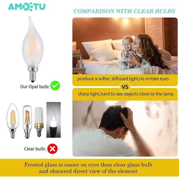 IYFFDFE-60W Candelabra Light Bulbs LED, Frosted Chandelier Bulb 60 Watt, E12 LED Bulb dimmable Soft White 2700k, Flame Bent Tip Candle Shape, 600 lumens, 2 Pack