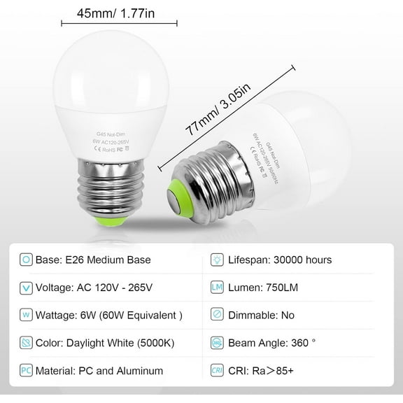 IYFFDFE-6W E26 Small Globe LED Bulb 60W Equivalent G45/A15 E26 Standard Screw Base 120V-265V Frosted Daylight White 750LM Waterproof for Fridge Light Pendant Vanity Mirror Home Lighting Non-Dimmable