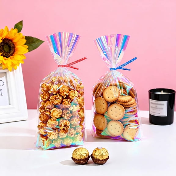 IYFFDFE-6x12 Inch Iridescent Cellophane Bags, with Twist Ties, Treat Bags for Candy Cookie Goodie Chocolates, And Popcorn