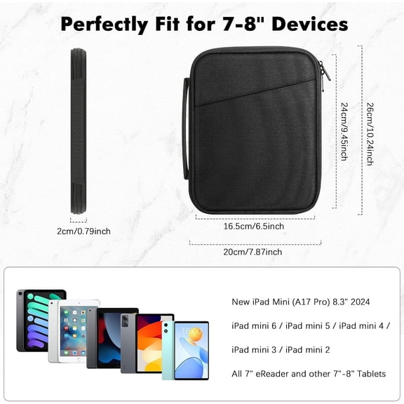 IYFFDFE-7-8 Inch Padded Tablet Sleeve Protective Carrying Case for iPad mini (A17 Pro) 8.3" 2024, iPad mini 6/5/4/3/2th, 7" eReader, Tablet Bag with Handle, Black