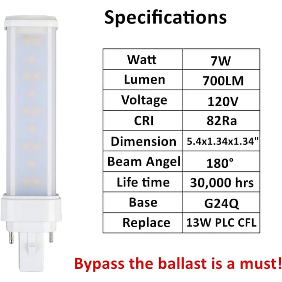 IYFFDFE-7W G24q LED Bulb, Warm White 3000K PLC-13W 4 Pin G24q-1 Compact Fluorescent Light Bulb Replacement, Bypass Ballast Pack 2
