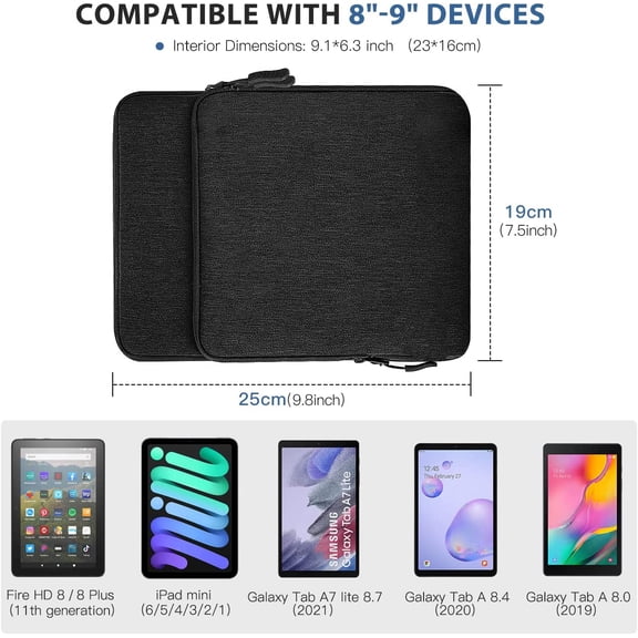 IYFFDFE-8-9 Inch Tablet Sleeve Case for All-New iPad mini 7 (A17 Pro, 2024), iPad mini 6 (8.3-Inch, 2021), iPad mini 5/4/3/2/1, Protective Pouch Bag with Multiple Pockets, Black