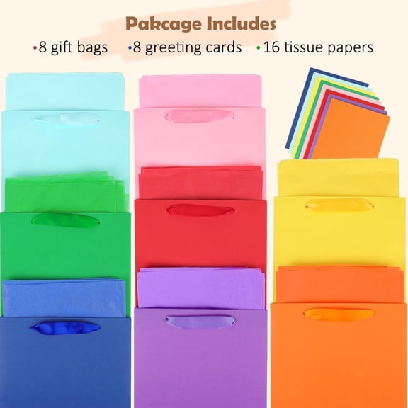 IYFFDFE-8 pcs 10" Gift Bags Medium Size with Tissue Papers & 8 Greeting Cards, Gift Bag Set for Birthday, Holidays, Party Wrap