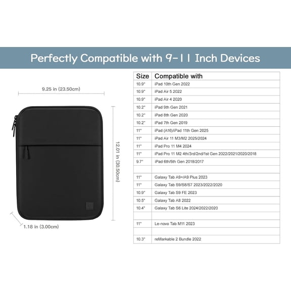 IYFFDFE-9-11 Inch Tablet Sleeve Padded Carrying Case for iPad (A16) 11th Gen 11", iPad 10th Gen 10.9", i-Pad Air/Pro 11", i-Pad Air 5/4 10.9", i Pad 9/8/7th Gen, Galaxy Tab A9+ Plus 11",Black