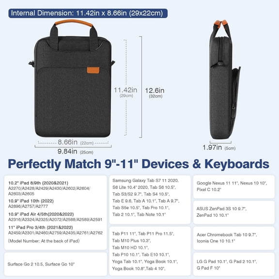 IYFFDFE-9-11 Tablet Shoulder Sleeve Bag, Fits 11inch iPad Air M3, iPad A16 2025, iPad10/9/8th 10.2, Surface Go 3/2 10.5, Tab S8/S9 11, Polyester Bag with Concealed Hand Strap, Black & Gray