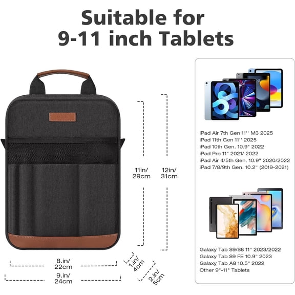 IYFFDFE-9-11 inch Tablet Sleeve Bag, Portable iPad Carrying Case with Adjustable Shoulder Strap & Retractable Handle for 11 Inch iPad Air M3/Pro M4, 10th Gen 10.9, Air 5/4th 10.9, 9/8. 10.2, Black &