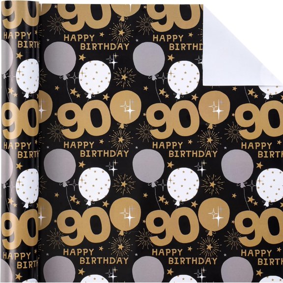 IYFFDFE-90th Birthday Wrapping Paper - Mini Roll - 17 Inch x 33 Feet - Black Gold Balloon Design for Birthday, Party, Holiday