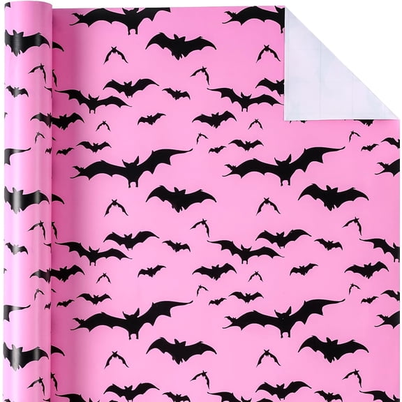 IYFFDFE-Bat Halloween Wrapping Paper - Mini Roll - 17 Inch x 16.5 Feet - Pink and Black Bat Wrapping Paper for Halloween Deco, Holiday, Party