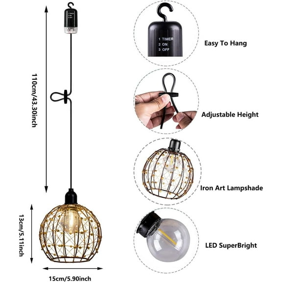 IYFFDFE-Battery Operated Pendant Lights Kitchen Island Decorative Chandelier for Gazebo Hanging Lamp with Remote Timer LED Bulbs Metal Globe Shade Lantern for Farmhouse Bedroom Porch Powered by 4*AA
