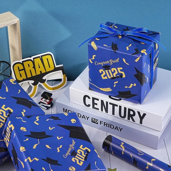 IYFFDFE-Blue Graduation Wrapping Paper Roll, Congrats Grad 2025", Caps & Diplomas Design with Confetti, Mini Roll, for Class of 2025 Graduation Gifts Wrap, 17 inches x 16.4 Feet