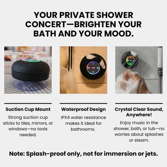 IYFFDFE-Bluetooth Shower Speaker with LED  Portable Wireless Mini Speaker with Mic & Suction Cup, IPX4 Water Resistant for Shower, Travel, Pool, River Floating, and Outdoor Fun (Black)
