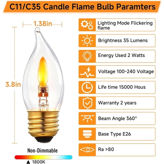 IYFFDFE-C11/C35 LED Flame Effect Bulb, E26 Base, 1800K Flickering Candle Light, Transparent Flame Tip Shape - Ideal for Holiday Gifts, Home, Hotel, Bar & Party Decorative Lighting - Non-Dimmable 2 Pa