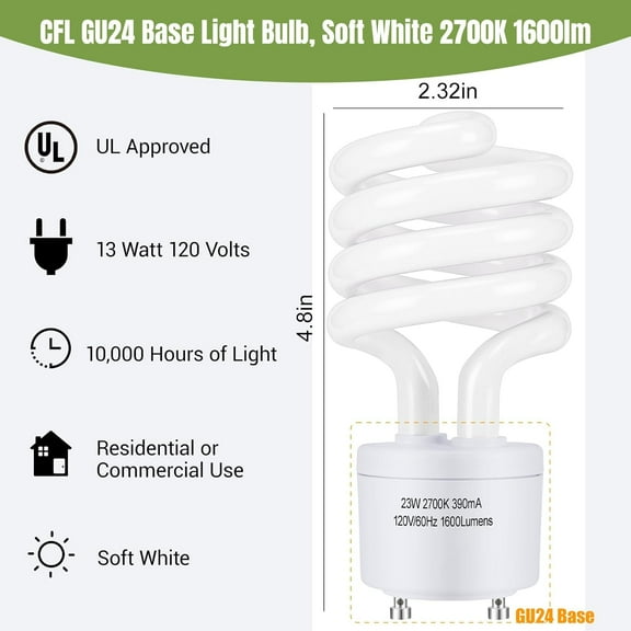 IYFFDFE-CFL Light Bulbs GU24 Base, T3 Spiral 23Watt (100Watt Equ) Soft White 2700K 1600lm Compact Fluorescent Light Bulbs, UL Approved, 120v 60Hz, Self Ballasted CFL Bulbs, Pack of 2