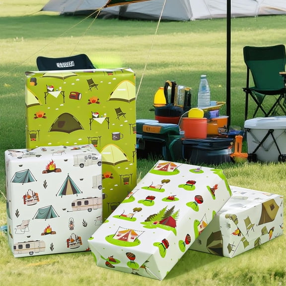 IYFFDFE-Camping Wrapping Paper 12 Sheets Camping Theme Gift Wrap with RV, Tent, Campfire Designs Travel Wrapping Paper for Camping Party Decor, DIY Crafts, Holiday Wrapping Supplies, 20"28"