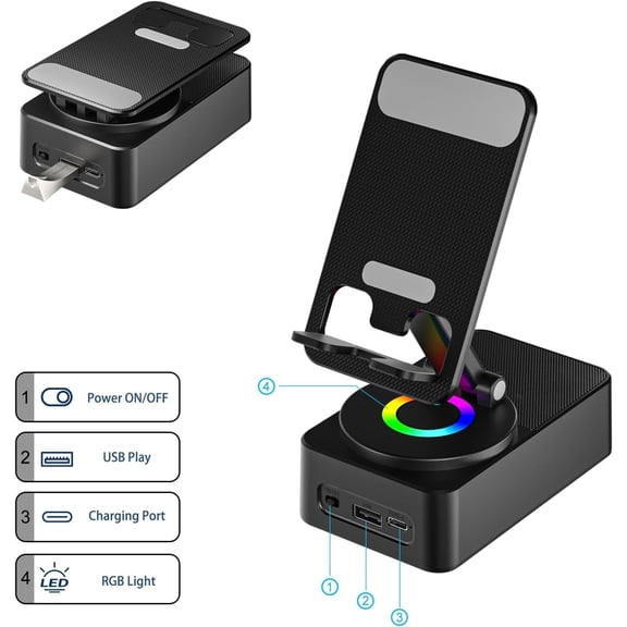 IYFFDFE-Cell Phone Stand with Wireless Bluetooth Speaker, LED, Anti-Slip Base HD Surround Sound,Perfect for Home/Outdoor with Bluetooth Speaker for Desk Compatible with lPhone/lpad/Android,Gifts