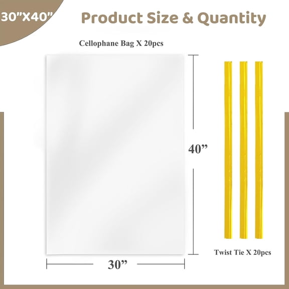 IYFFDFE-Cellophane Wrap for Gift Baskets 20 PCS 30x40 Inches Large Clear Cello Gift Bags with Ties Plastic for Gift Giving, Packaging Products