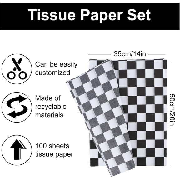 IYFFDFE-Checkered Tissue Paper White and Black Race Car Party Gift Wrapping Paper Plaids Art Paper for Birthday Party Decorations, 14x20 inch, 100 pcs