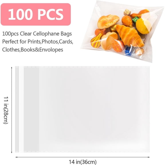 IYFFDFE-Clear Resealable Cellophane Bags 11 X 14 Inch Self Sealing Cellophane Bags, 100Pcs Cookie Bag with Seal Packaging Treat Bag for Wrapping Apparel, Shirts, Decorative Wrapping Paper and Party F