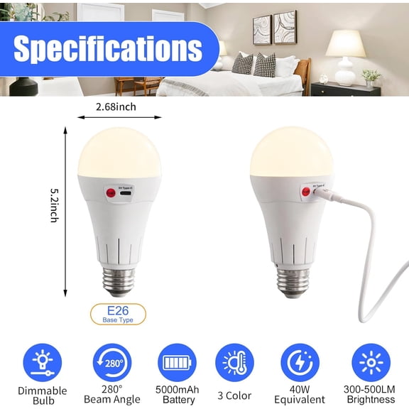 IYFFDFE-Cordless Rechargeable Battery Operated Light Bulbs with Remote, 2 Pack E26 Wireless LED Battery Powered Light Bulb for Non-Hardwired Lamps, 500LM, 3 Color Temperatures, Dimmable, Timer