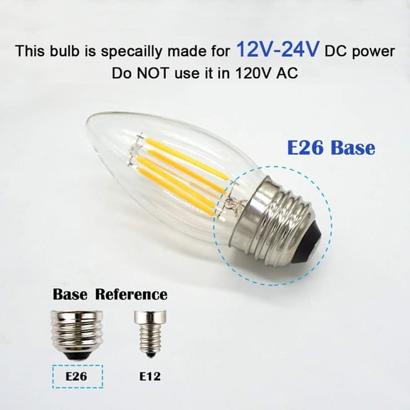 IYFFDFE-DC 12V Input 4W LED Bulb, Dimmable with 12V DC Dimmer, E26 Medium Base, Clear Glass Torpedo Tip, Warm White Light, 40W Incandescent Replacement 12Volt LED Light Bulb, 12V-24V DC, 3-Pack