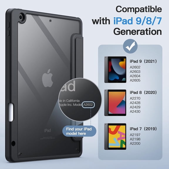 IYFFDFE-Detachable Case for iPad 9/8/7 (10.2-Inch, 2021/2020/2019 Model, 9th/8th/7th Generation) with Pencil Holder, Removable Magnetic Cover Trifold Stand Clear Back, Auto Wake/Sleep (Black)