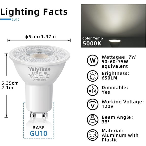 IYFFDFE-Dimmable GU10 LED Bulbs 7W(50W -60W-75W Equivalent) GU10 Light Bulbs Gu10 Shape Halogen Replacement Bulb 38120V 650Lm for Track Spot Lighting Indoor Recessed,Day White 5000K,4 Pack