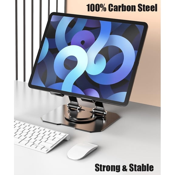 IYFFDFE-Dual 360 Rotating Tablet Stand Holder for Desk with Carbon Steel Base, Table Tablet Support with Dual Rod Adjustable Compatible for iPad Pro 13 12 11 Air Mini 5 4 3 (Black)