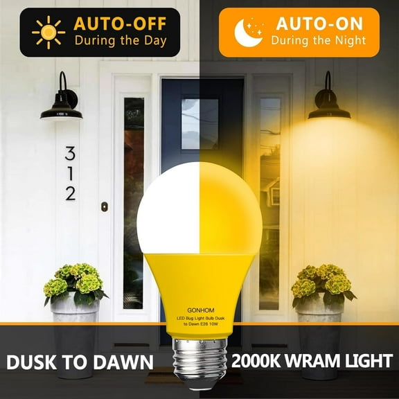 IYFFDFE-Dusk to Dawn Bug Light Bulb Outdoor,2 Pack Amber Bug Light Bulb,Auto On/Off,10W(100W Equivalent),E26 Base,Bug Lights for Outside.Home Hallway Porch Lights.Decorative Lamps.Bedroom