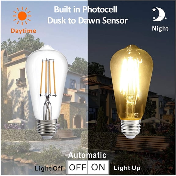 IYFFDFE-Dusk to Dawn LED Lights Bulb,Photocell Sensor Bulb, Auto Turn On/Off, ST58 ST19 60W Edison Replacement, E26 8W 800lm,Warm White 2700K for outdoor wall light fixture Garden Garage Porch Pack o