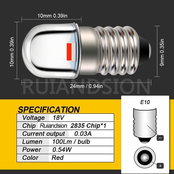 IYFFDFE-E10 Screw Base LED Bulb 18V Super Red Green 2835 1SMD Chips LED Bulb for Experimental Light Lamp Pack of 10