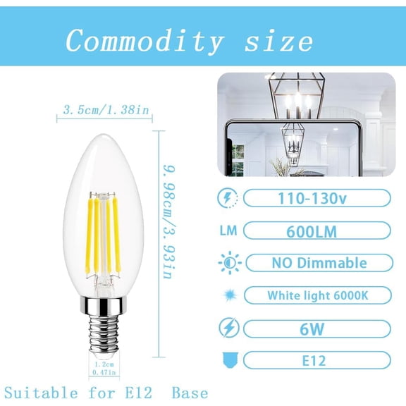 IYFFDFE-E12 Led Candle Bulb,SES Filament Small Edison Screw Light Bulbs,6w 60W Equivalent, Cool White 6000K C35 Glass Candle Bulbs, 600lm Non-Dimmable,Pack of 4
