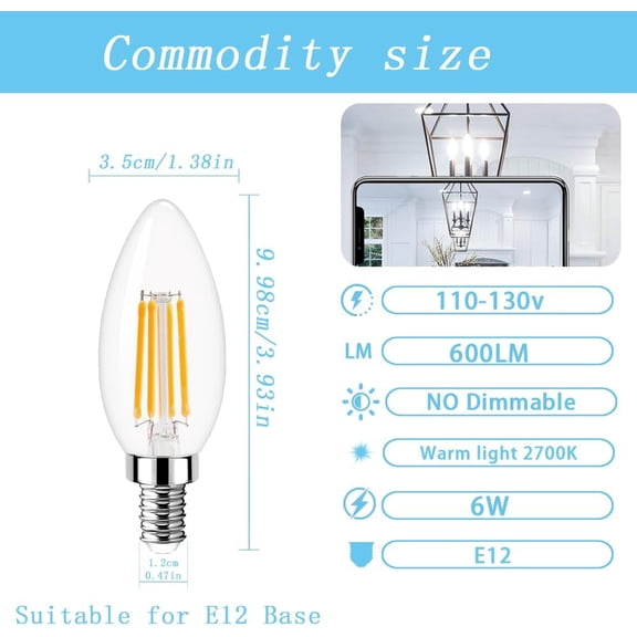 IYFFDFE-E12 Led Candle Bulb,SES Filament Small Edison Screw Light Bulbs,6w 60W Equivalent, Warm White 2700K C35 Glass Candle Bulbs,600lm Non-Dimmable,Pack of 4