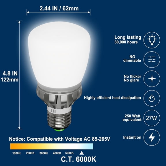 IYFFDFE-E26 LED Light Bulb, 250W Equivalent, 27W Non-Dimmable, 3670Lumens, 6000K, 1 Pack