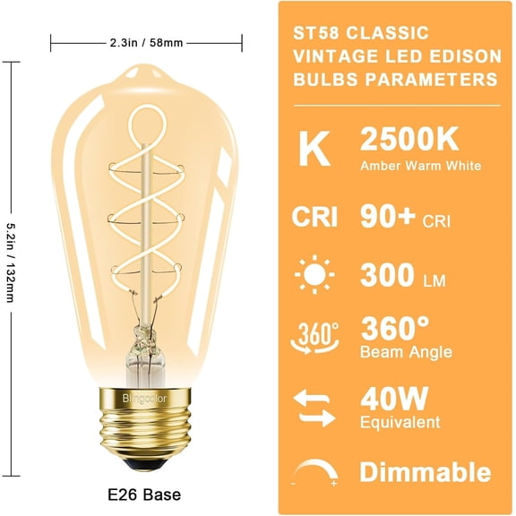 IYFFDFE-E26 LED Vintage Edison Light Bulbs 40W Equivalent, Dimmable E26 4W LED 2500K Amber Warm Light Bulbs, ST58 Decorative Edison Bulbs for Pendant Lights Fixture, CRI90+, 2 Pack