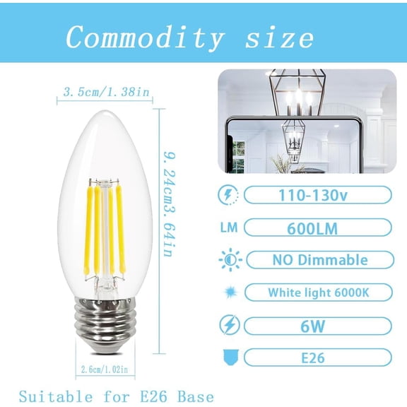 IYFFDFE-E26 Led Candle Bulb,SES Filament Edison Screw Light Bulbs,6w 60W Equivalent, Cool White 6000K C35 Glass Candle Bulbs,600lm Non-Dimmable,Pack of 4
