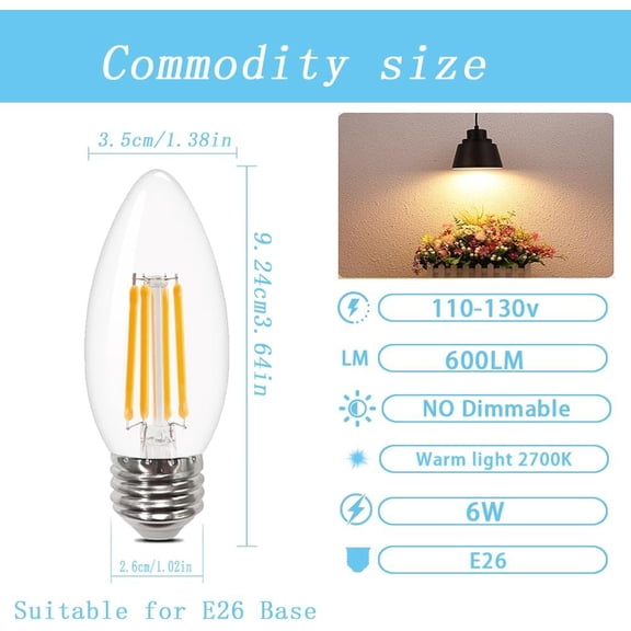 IYFFDFE-E26 Led Candle Bulb,SES Filament Edison Screw Light Bulbs,6w 60W Equivalent, Warm White 2700K C35 Glass Candle Bulbs,600lm Non-Dimmable,Pack of 4