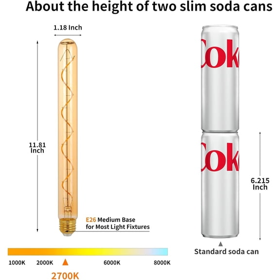 IYFFDFE-E26 T10 12 Inch Long Tubular LED Edison Bulbs, 6W(60W Eqv) 120V, 2500K Warm White, Dimmable, Spiral Filament, Amber Glass, One Ft Long Lighting Tube, Vintage Decorative Bulbs, 2 Pack
