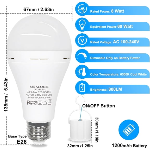 IYFFDFE-Emergency Rechargeable Light Bulbs 60 Watt, Cool White 6500K Battery Powered Light Bulb E26 Base, LED Battery Operated Light Bulb Long Lasting for Lamps, Power Outage, Sconces, 2 Pack