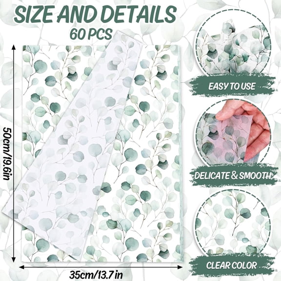 IYFFDFE-Eucalyptus Leaves Tissue Paper Green Leaves Gift Wrapping Paper 13.7 x 19.6 Inch Watercolor Greenery Botanical Art Wrapping Paper for Wedding Birthday Party Crafts Decor, 60 Sheet